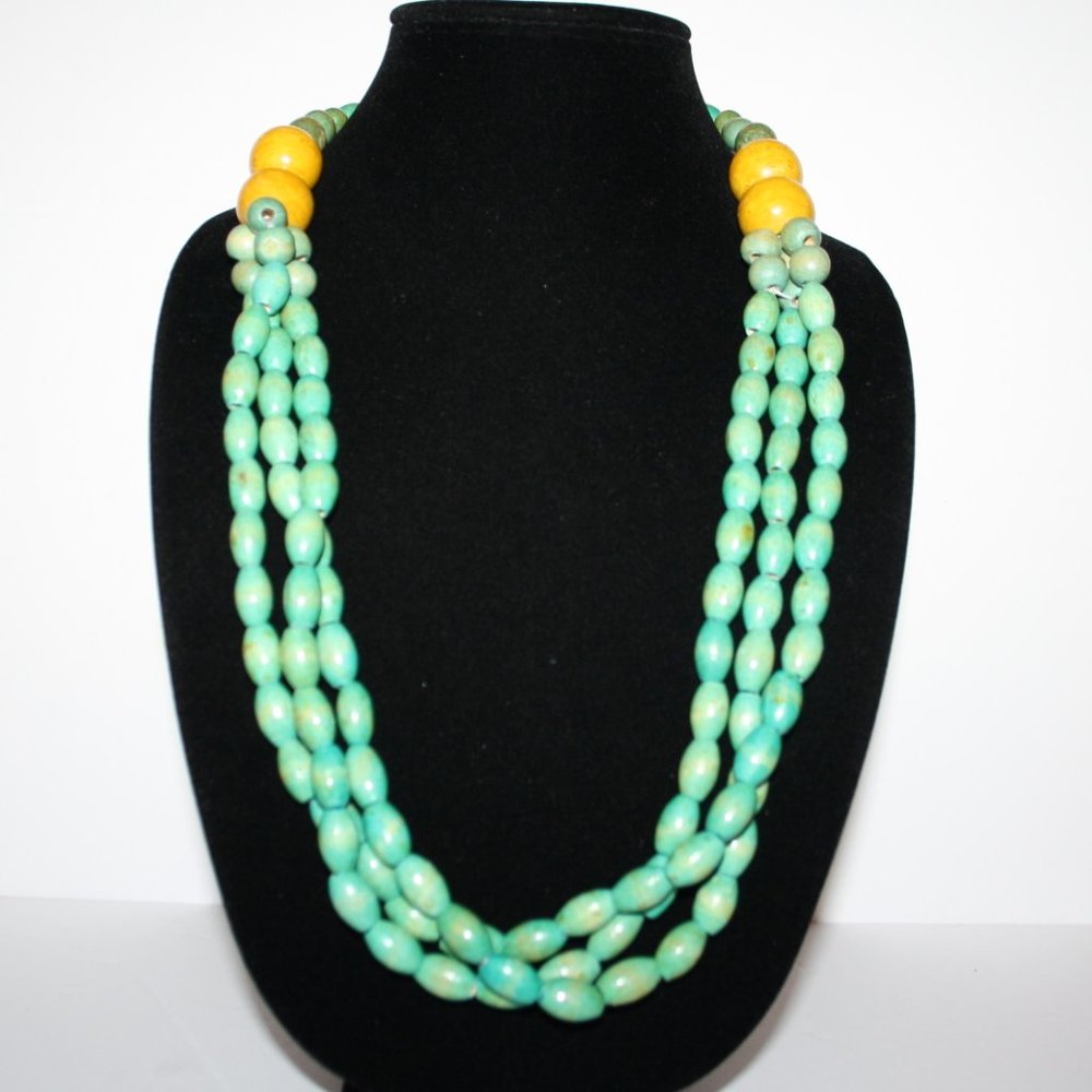 Beautiful blue and yellow wooden layered necklace 35"